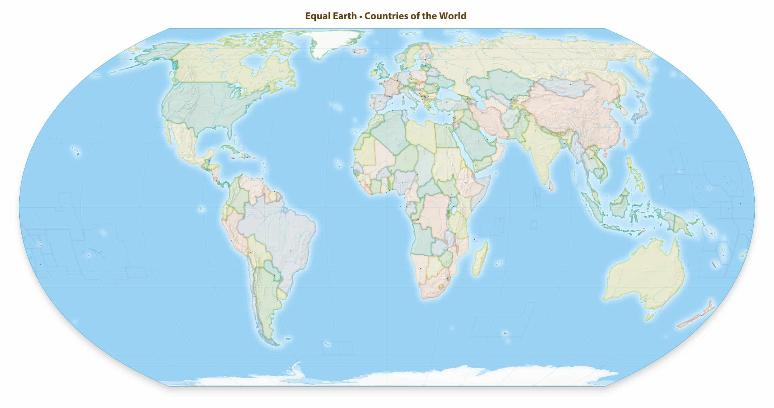 Equal Earth projection world map with country borders and no labels, showing Africa at its true size relative to Greenland