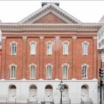 Red brick facade of Ford's Theatre on 10th Street in Washington, D.C., where President Abraham Lincoln was assassinated in 1865