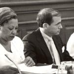 Toni Morrison reading documents at a National Council on the Arts meeting, black and white NEA file photo