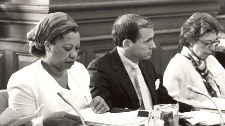 Toni Morrison reading documents at a National Council on the Arts meeting, black and white NEA file photo