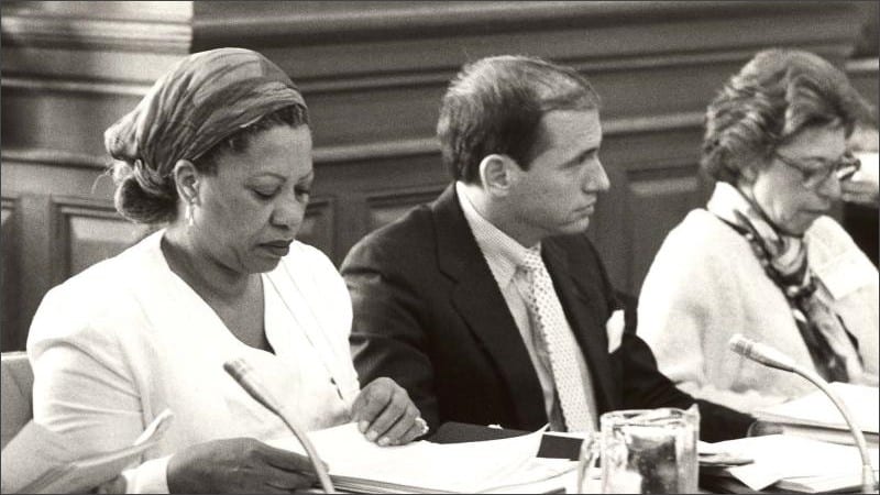 Toni Morrison reading documents at a National Council on the Arts meeting, black and white NEA file photo