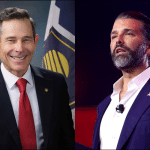 Side-by-side photos of Sen. John Curtis in his official Senate portrait and Donald Trump Jr. speaking at AmericaFest 2025 in Phoenix
