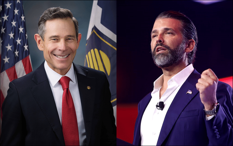 Side-by-side photos of Sen. John Curtis in his official Senate portrait and Donald Trump Jr. speaking at AmericaFest 2025 in Phoenix