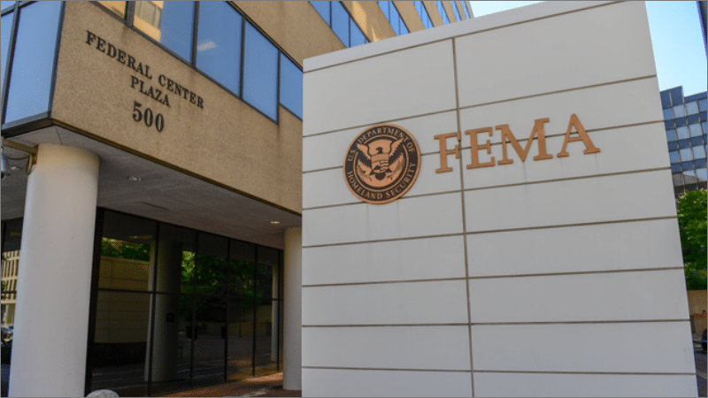 FEMA headquarters building at 500 C Street SW in Washington, DC, with the agency sign and Homeland Security seal