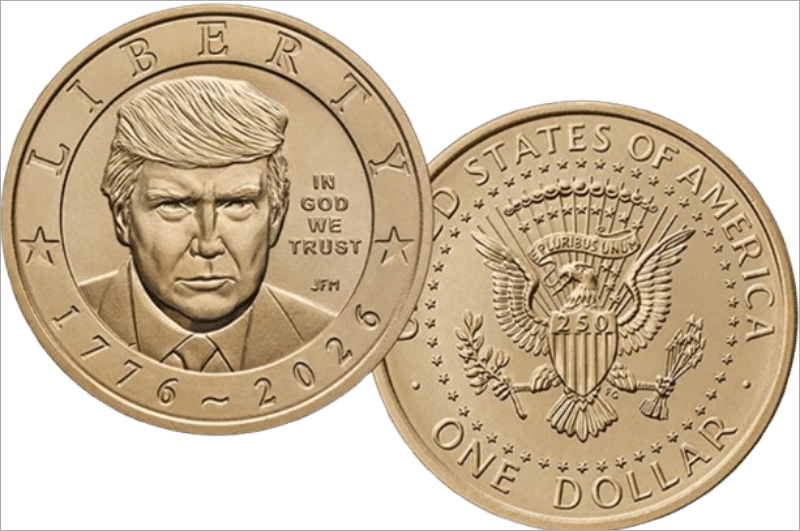US Mint rendering of the 2026 Trump $1 coin, with Donald Trump's portrait on the front and the presidential seal on the back