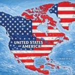 Map posted by Donald Trump showing the American flag covering Canada, Mexico, Greenland, Iceland and the Caribbean, labeled United States of America and Gulf of America