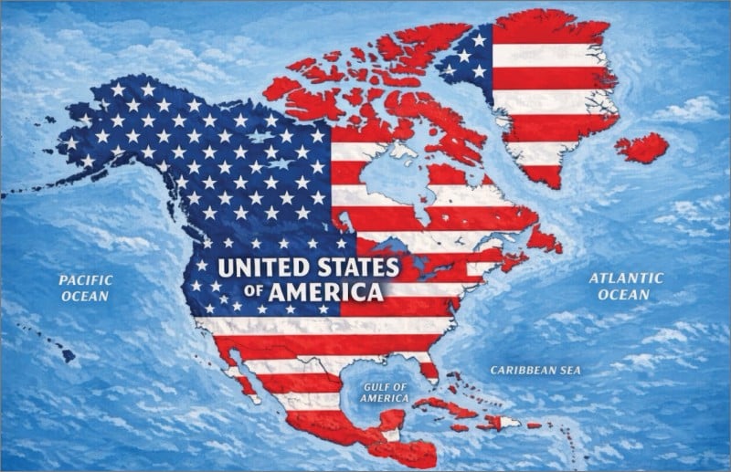 Map posted by Donald Trump showing the American flag covering Canada, Mexico, Greenland, Iceland and the Caribbean, labeled United States of America and Gulf of America