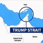 Map of the Persian Gulf with the Strait of Hormuz circled and labeled "Trump Strait" between Iran, Oman and the United Arab Emirates