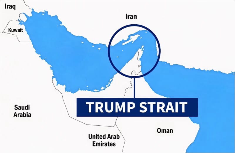 Map of the Persian Gulf with the Strait of Hormuz circled and labeled "Trump Strait" between Iran, Oman and the United Arab Emirates