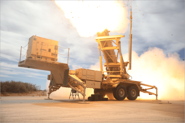 U.S. Army Patriot missile launcher firing during live-fire training at the McGregor Range Complex, Fort Bliss, Texas