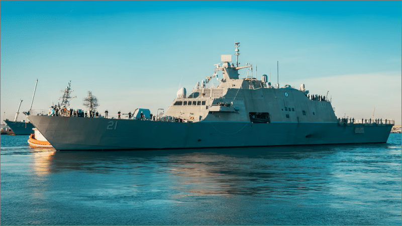 The littoral combat ship USS Minneapolis-Saint Paul departs Naval Station Mayport, Florida, for a counterdrug deployment, March 26, 2025.