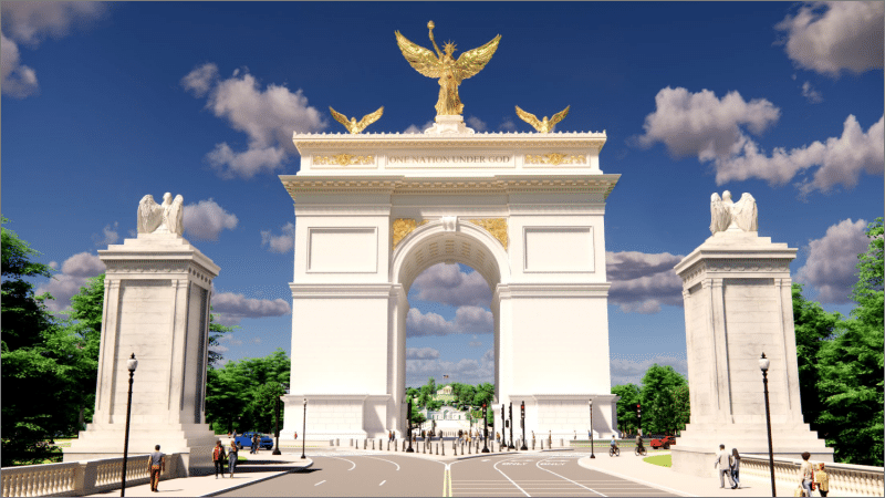 Rendering of the proposed 250-foot Monumental Arch at Memorial Circle in Washington, crowned by a gilded winged figure and two eagles and inscribed "One Nation Under God."