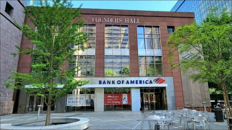 Bank of America branch entrance beneath the Founders Hall sign at the bank’s Charlotte, North Carolina, headquarters