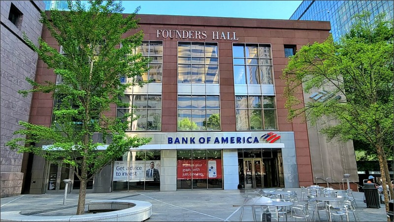 Bank of America branch entrance beneath the Founders Hall sign at the bank’s Charlotte, North Carolina, headquarters