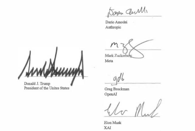Signature page of Trump's AI pact showing his signature above the typo "President of the Unites States," with signatures from Dario Amodei, Mark Zuckerberg, Greg Brockman and Elon Musk.