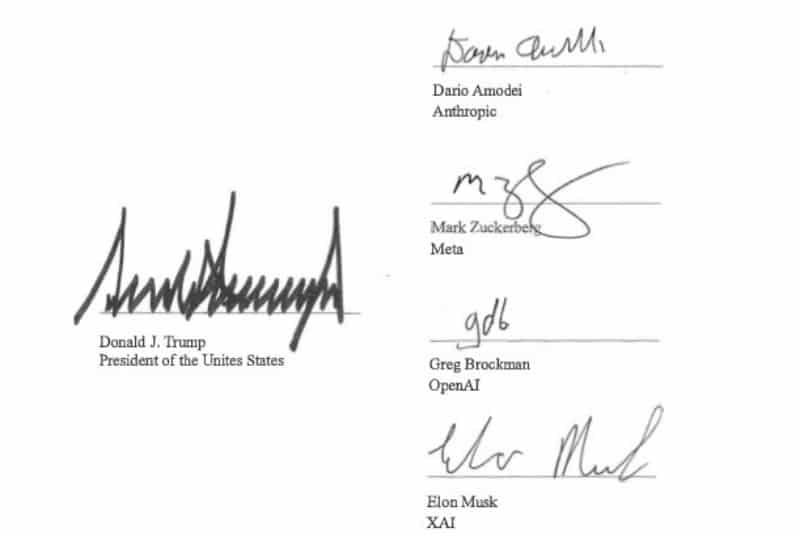 Signature page of Trump's AI pact showing his signature above the typo "President of the Unites States," with signatures from Dario Amodei, Mark Zuckerberg, Greg Brockman and Elon Musk.
